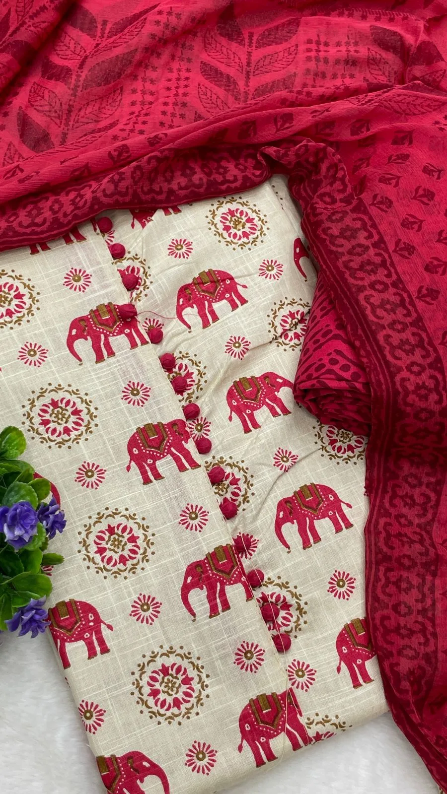 Cotton Printed Neck Patch Work Suit Set - Off White Red