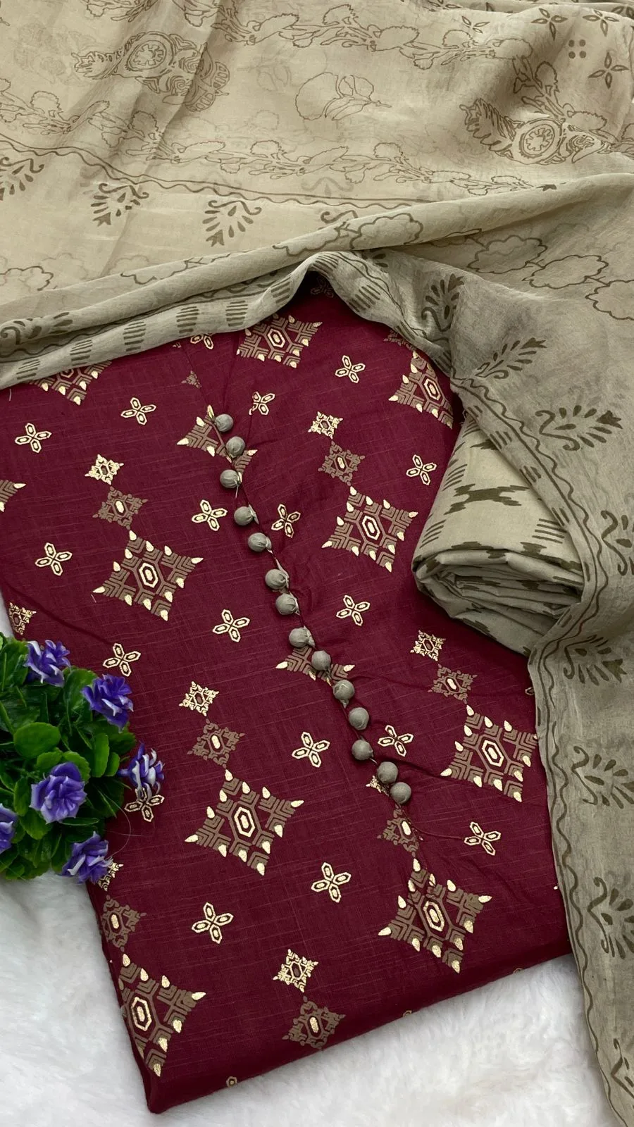 Cotton Printed Neck Patch Work Suit Set - Maroon Grey