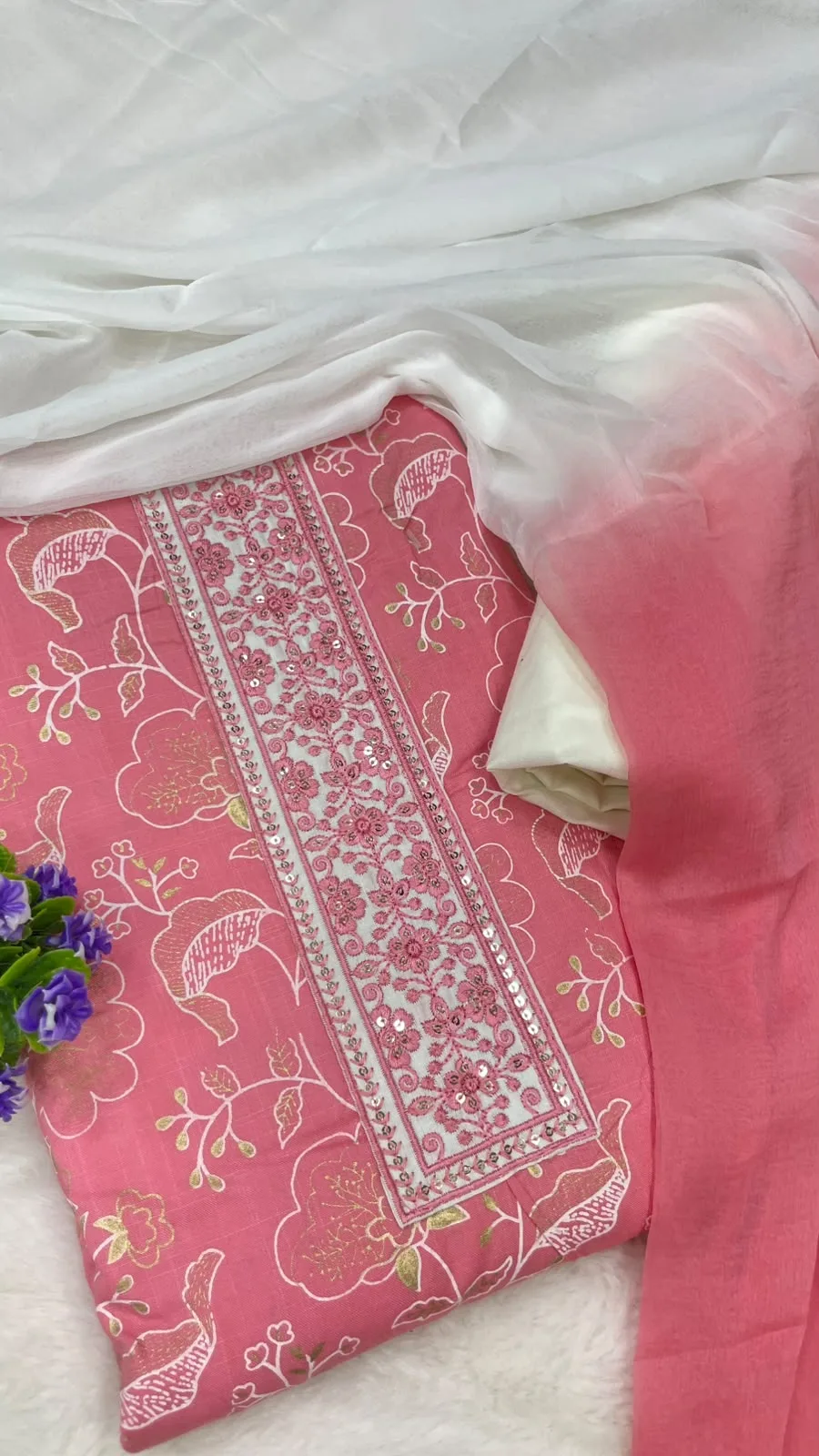 Cotton Printed Neck Patch Work Suit Set - Pink Off White