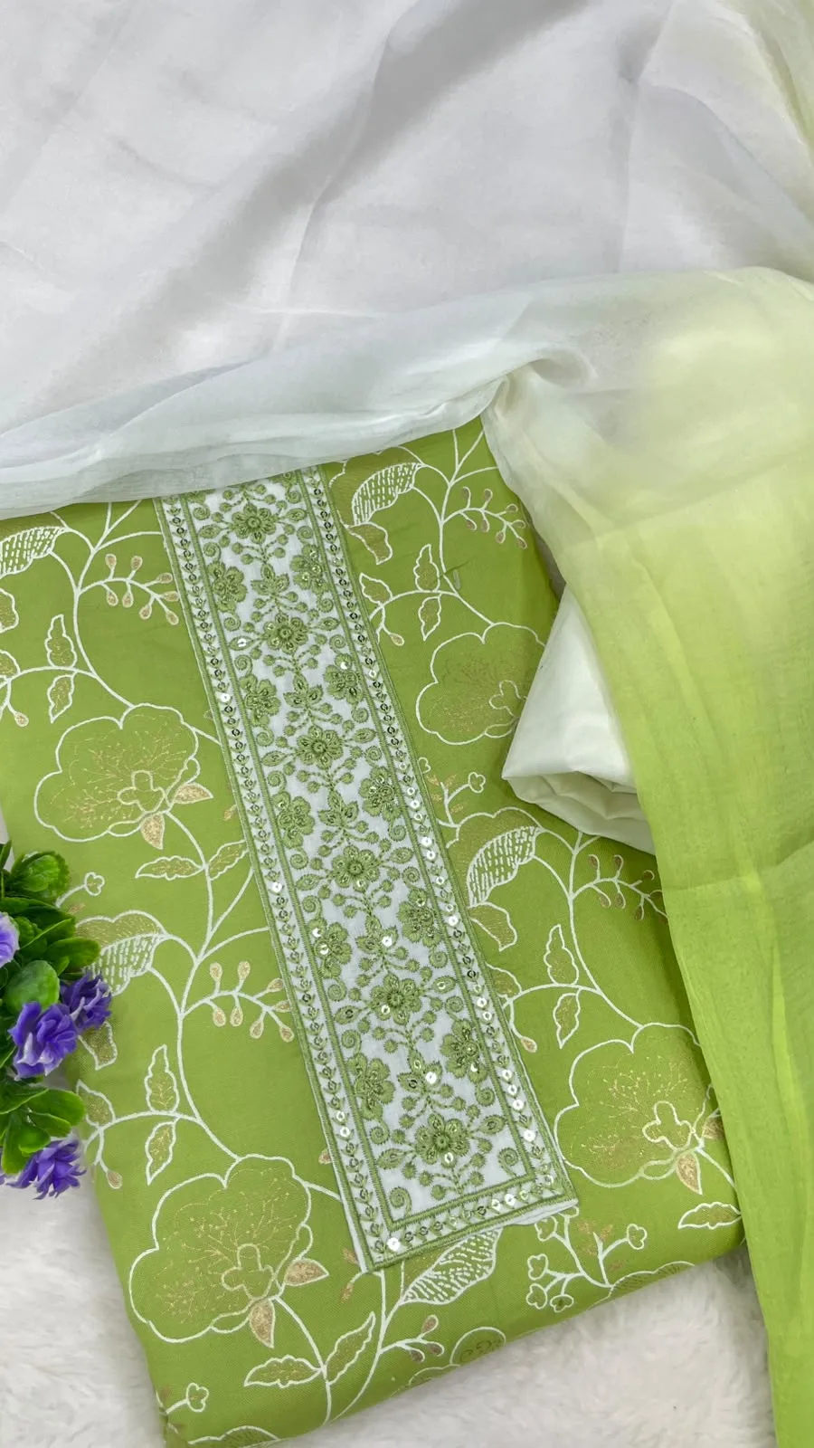 Cotton Printed Neck Patch Work Suit Set - Light Green White
