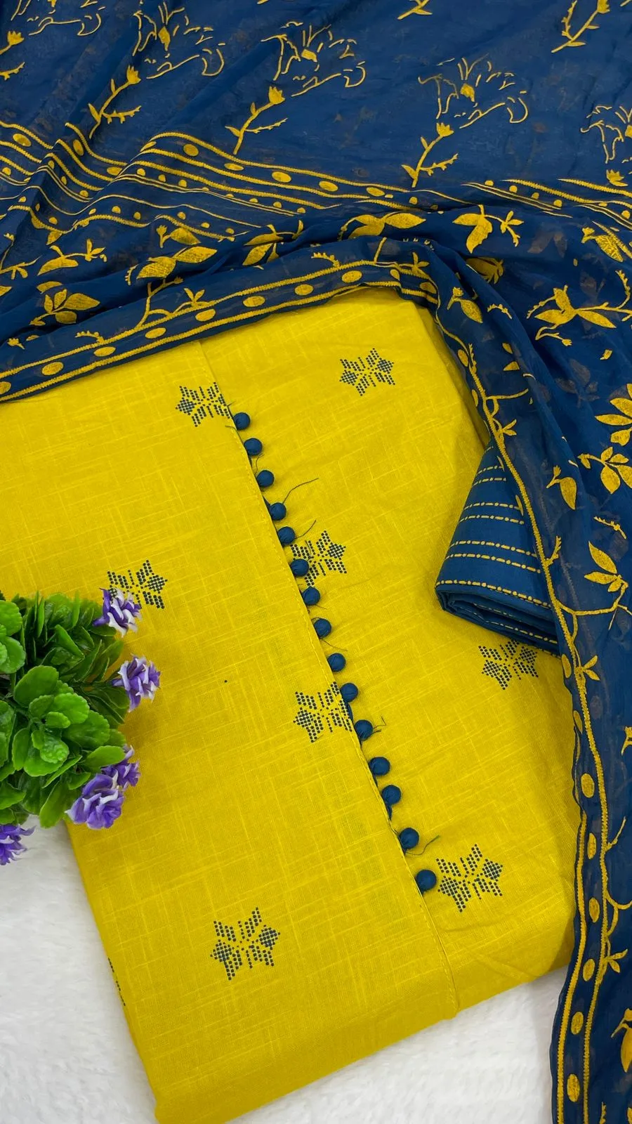 Cotton Printed Neck Patch Work Suit Set - Yellow Blue