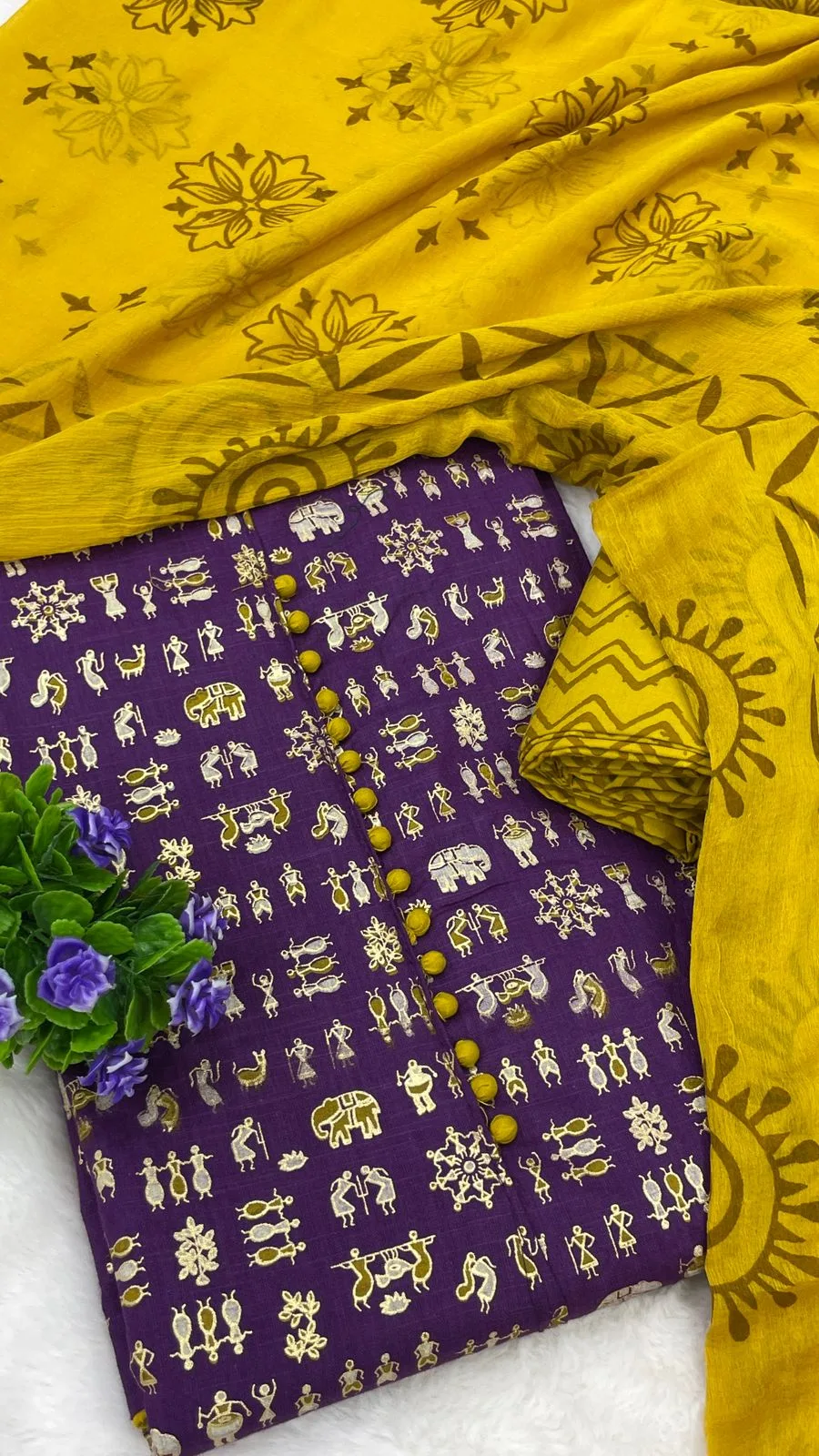 Cotton Printed Neck Patch Work Suit Set - Magenda Yellow