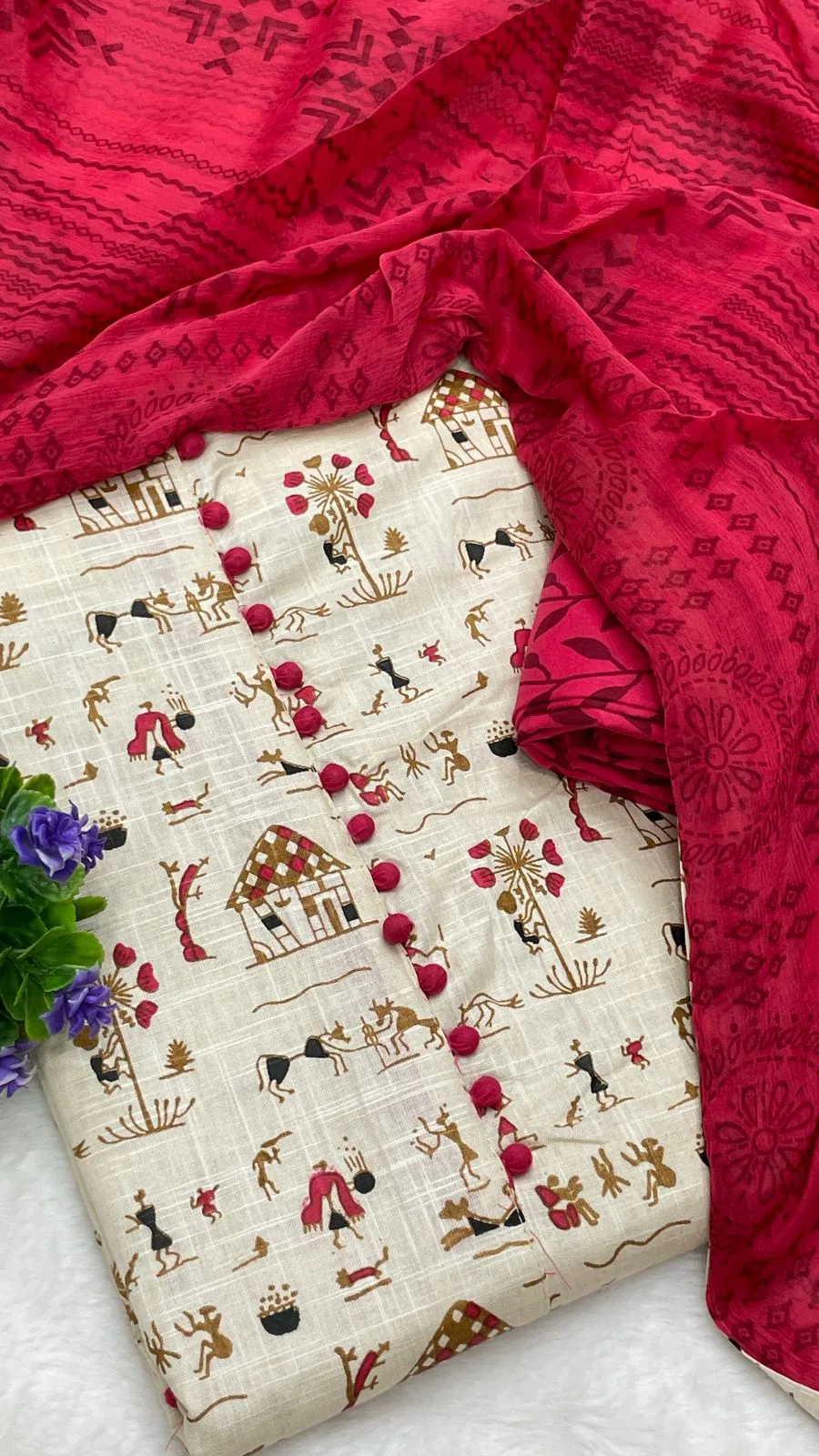 Cotton Printed Neck Patch Work Suit Set - White Red
