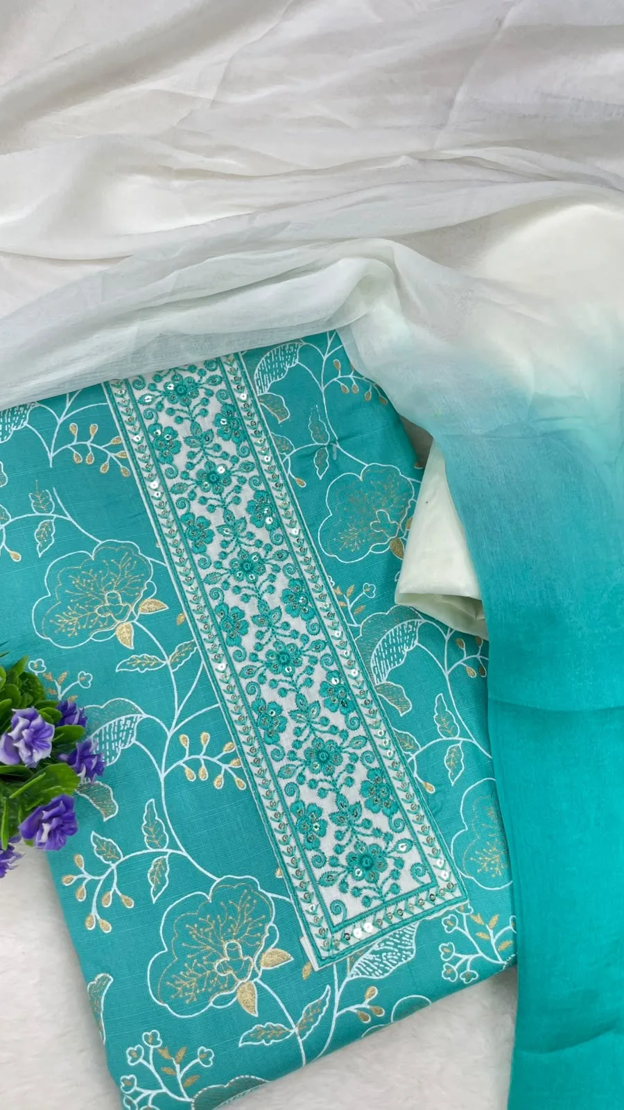 Cotton Printed Neck Patch Work Suit Set - Ocean Green White