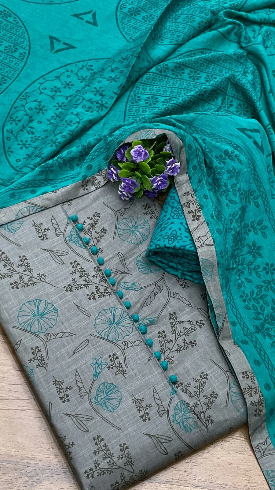 Cotton Printed Neck Patch Work Suit Set - Green Ocean Green