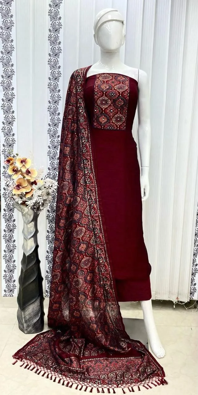 Vichitra Silk Ajrak Print Mirror Work Dress Material