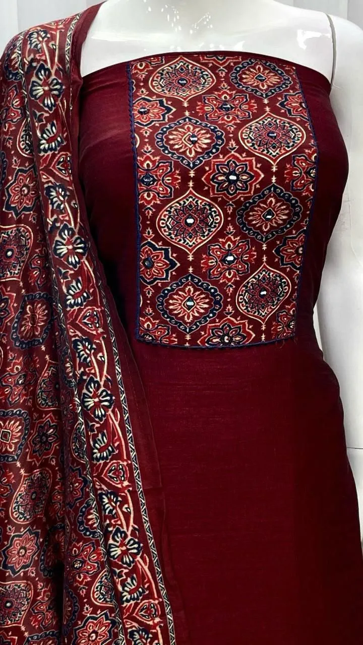 Vichitra Silk Ajrak Print Mirror Work Dress Material - Red
