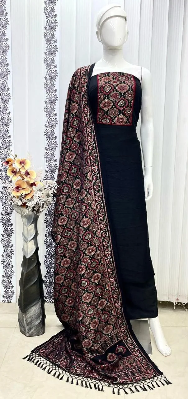Vichitra Silk Ajrak Print Mirror Work Dress Material - Black