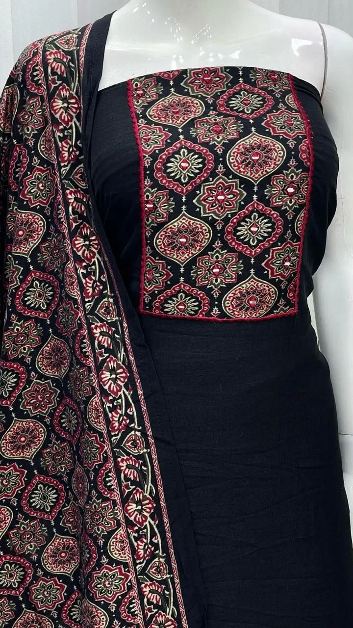 Vichitra Silk Ajrak Print Mirror Work Dress Material - Black