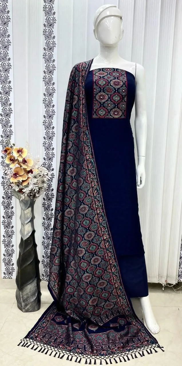 Vichitra Silk Ajrak Print Mirror Work Dress Material - Blue