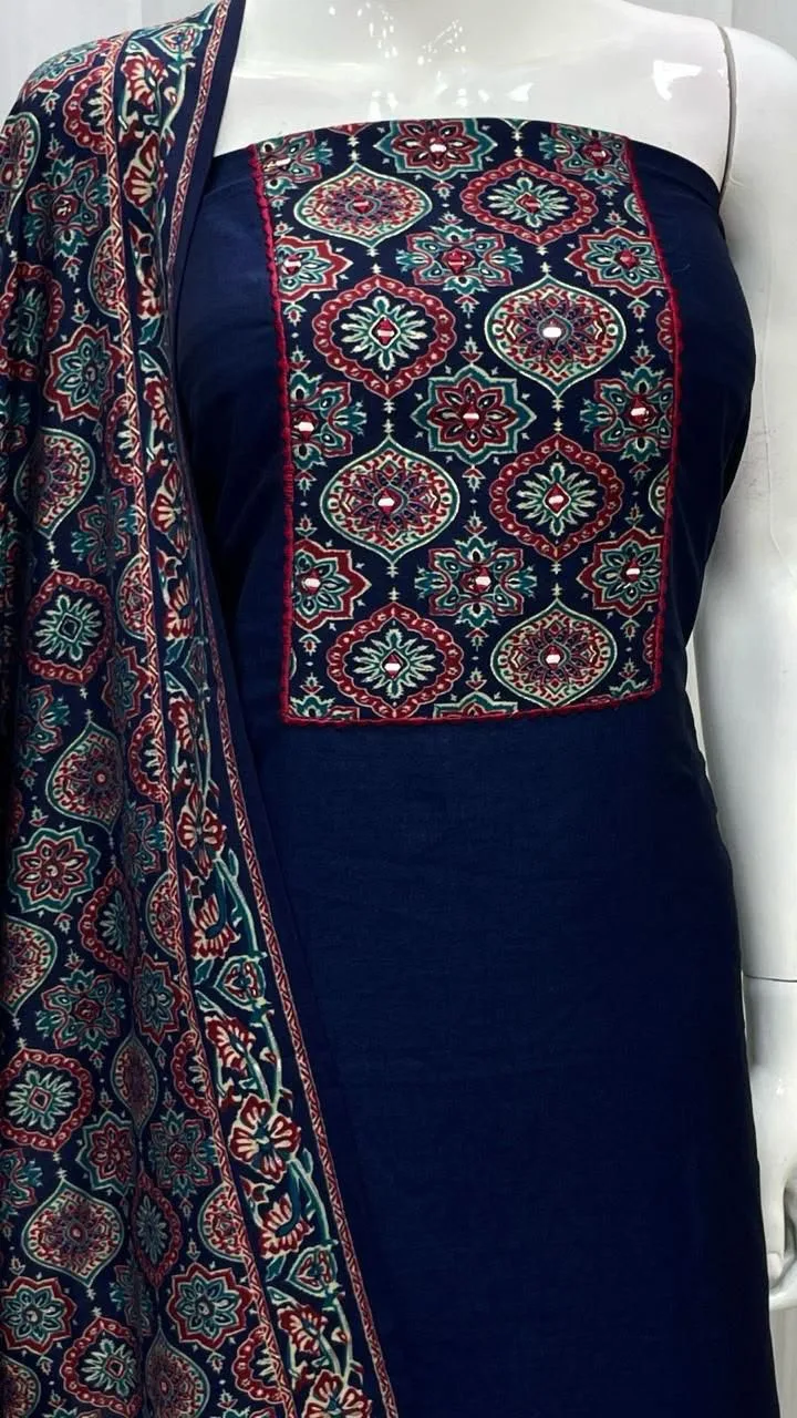 Vichitra Silk Ajrak Print Mirror Work Dress Material - Blue