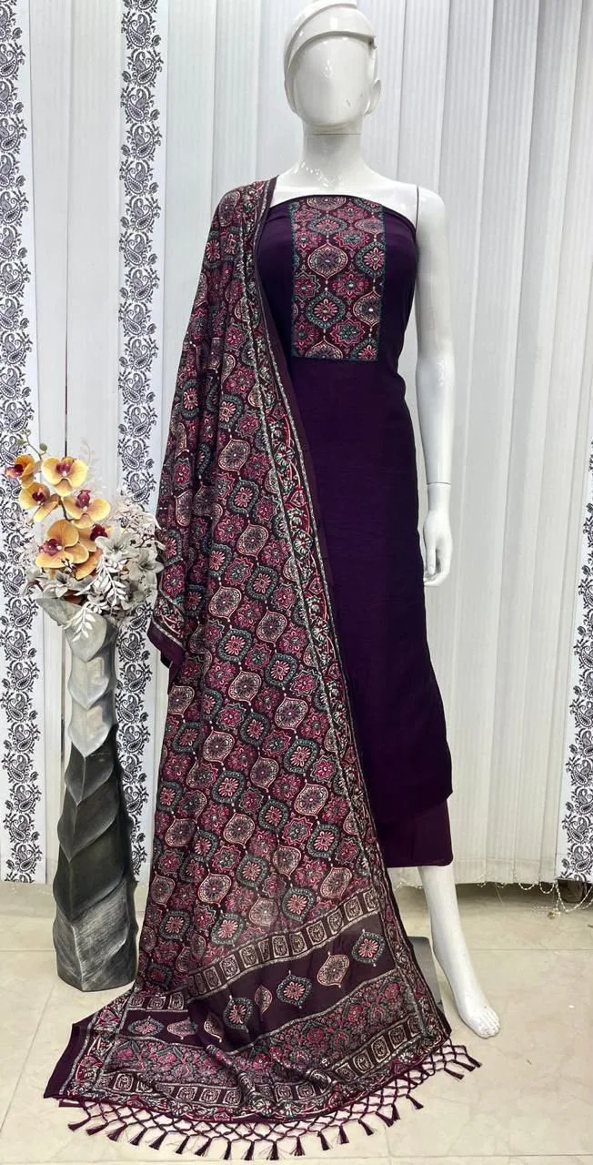 Vichitra Silk Ajrak Print Mirror Work Dress Material - Magenda