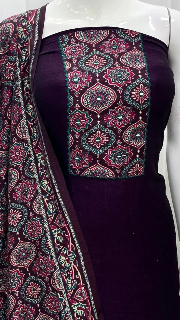 Vichitra Silk Ajrak Print Mirror Work Dress Material - Magenda