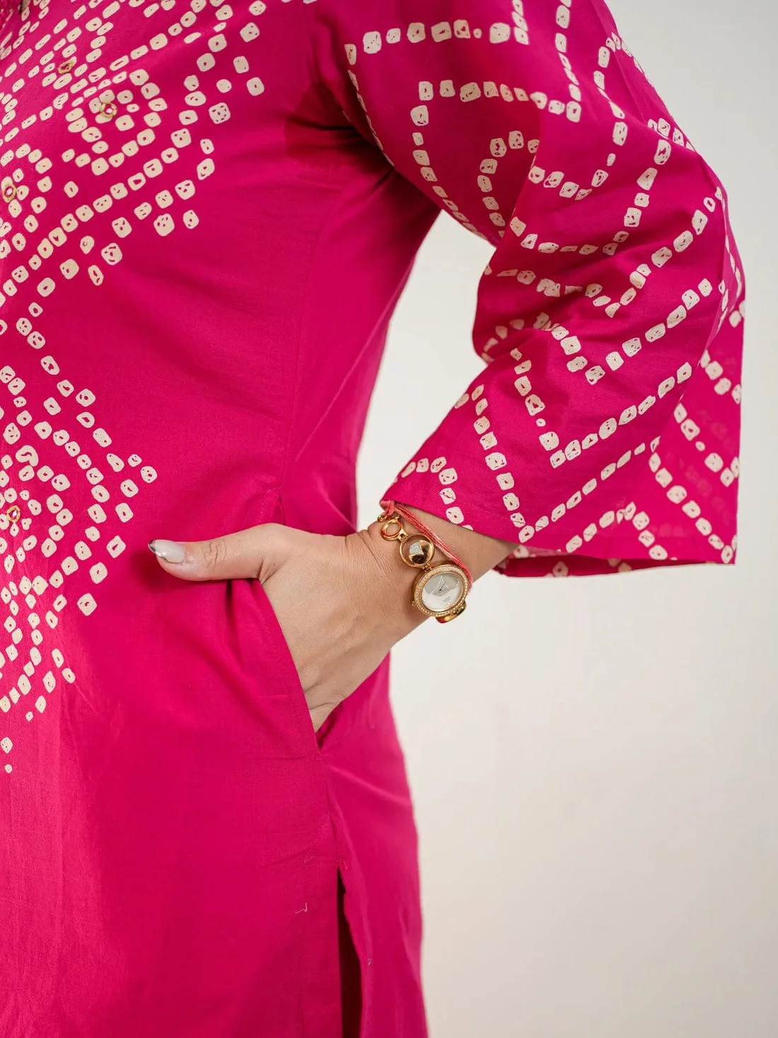 Pure Fine Cotton Bhandej Print 3-Piece Set - Pink
