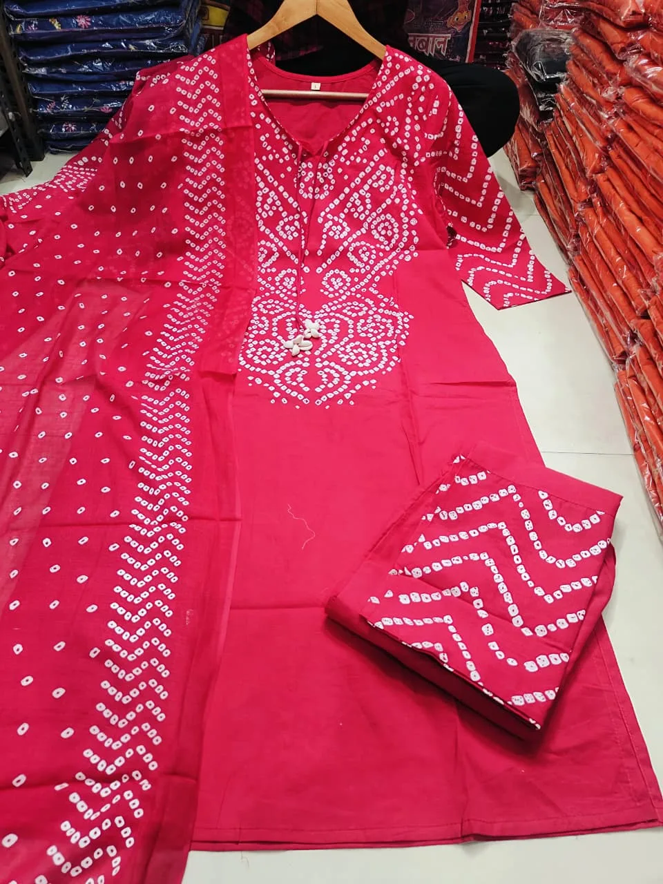 Pure Fine Cotton Bhandej Print 3-Piece Set - Pink