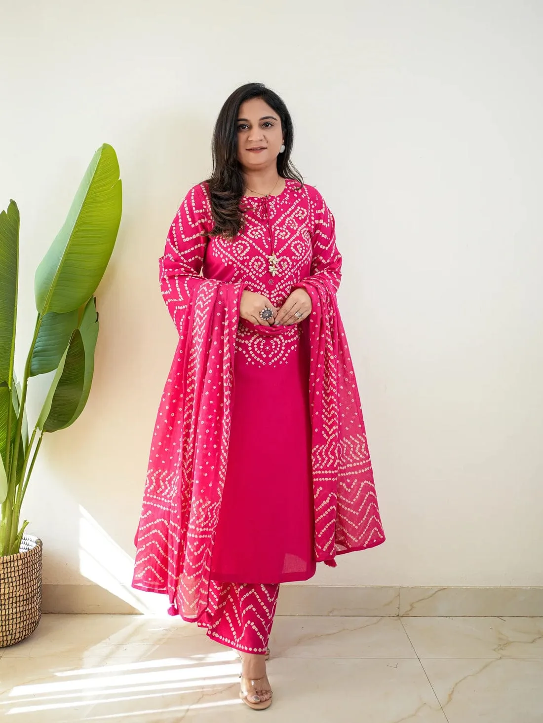 Pure Fine Cotton Bhandej Print 3-Piece Set - Pink