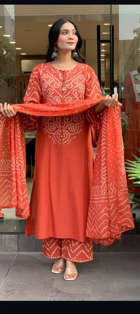 Pure Fine Cotton Bhandej Print 3-Piece Set - Orange