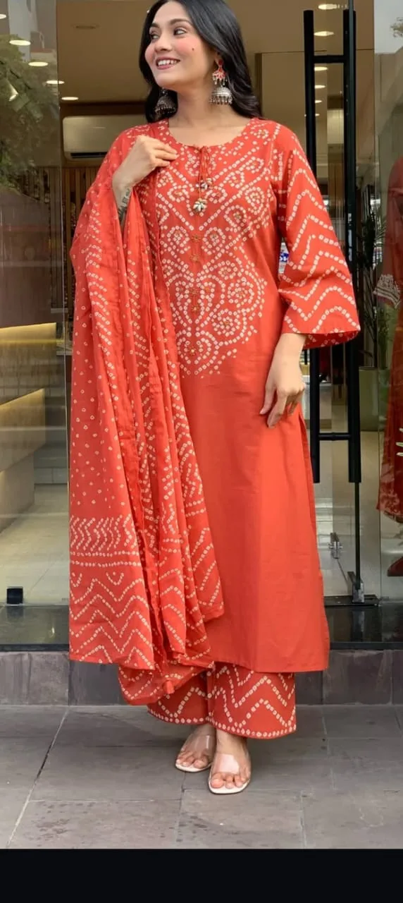 Pure Fine Cotton Bhandej Print 3-Piece Set - Orange