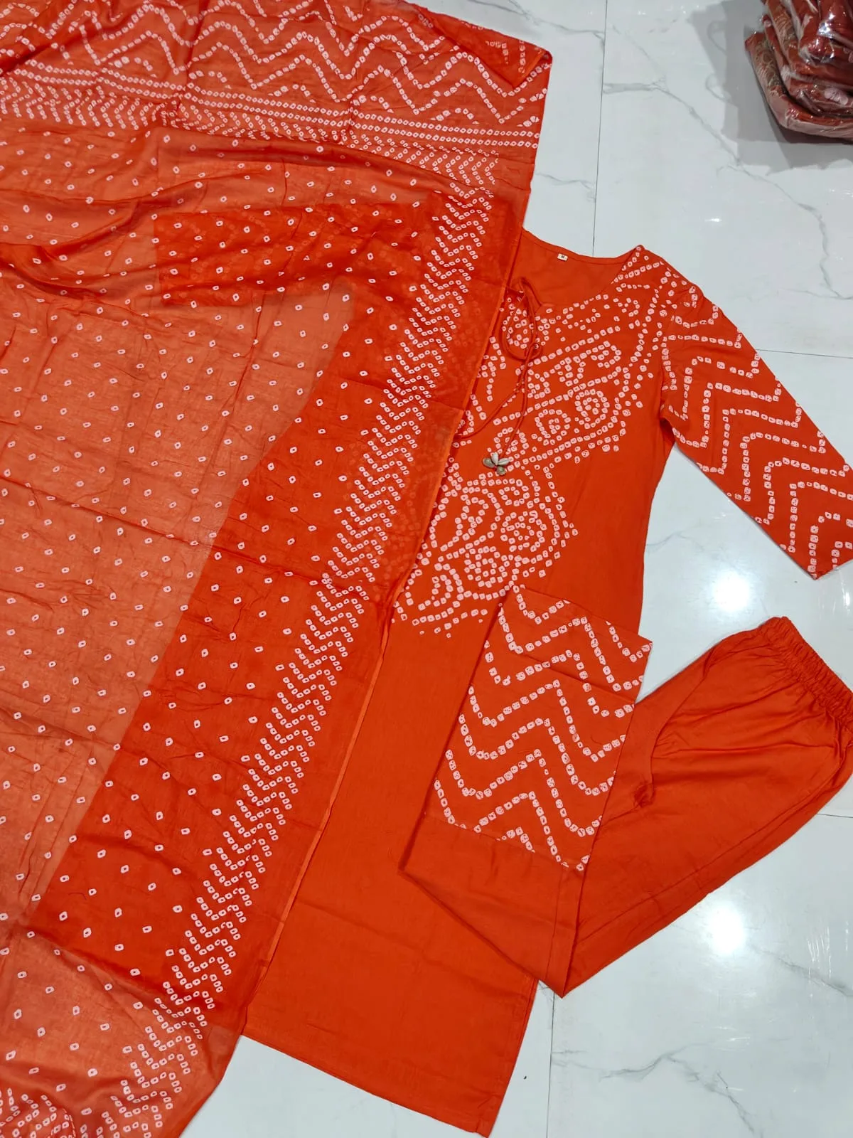 Pure Fine Cotton Bhandej Print 3-Piece Set - Orange