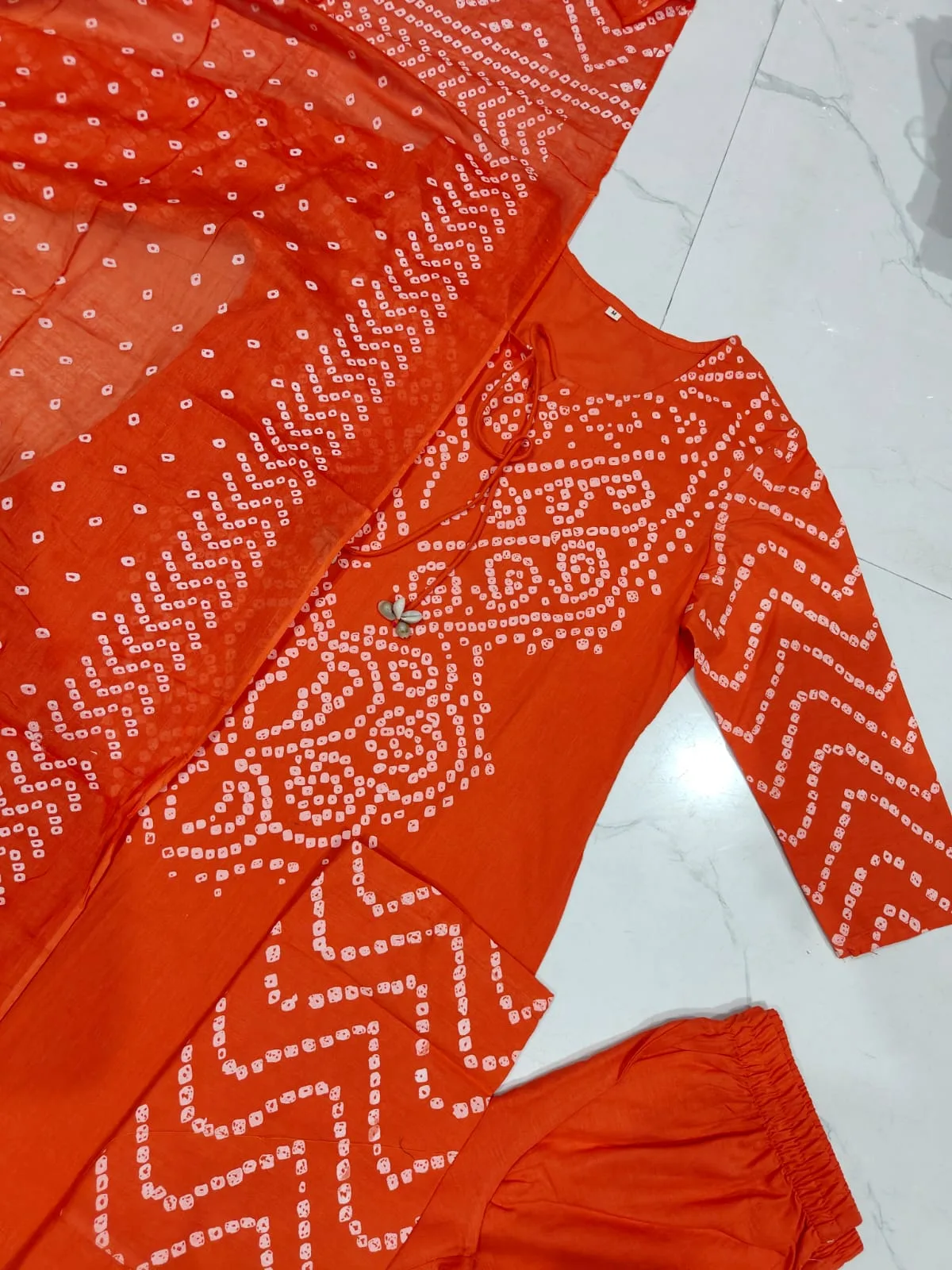 Pure Fine Cotton Bhandej Print 3-Piece Set - Orange