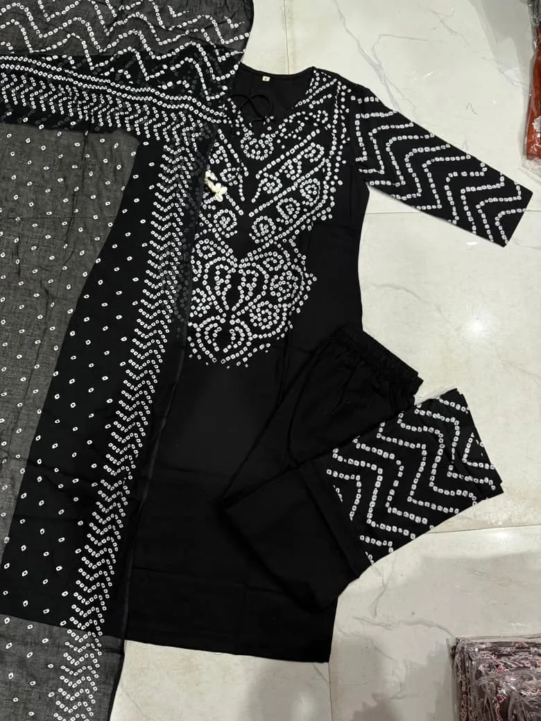 Pure Fine Cotton Bhandej Print 3-Piece Set - Black