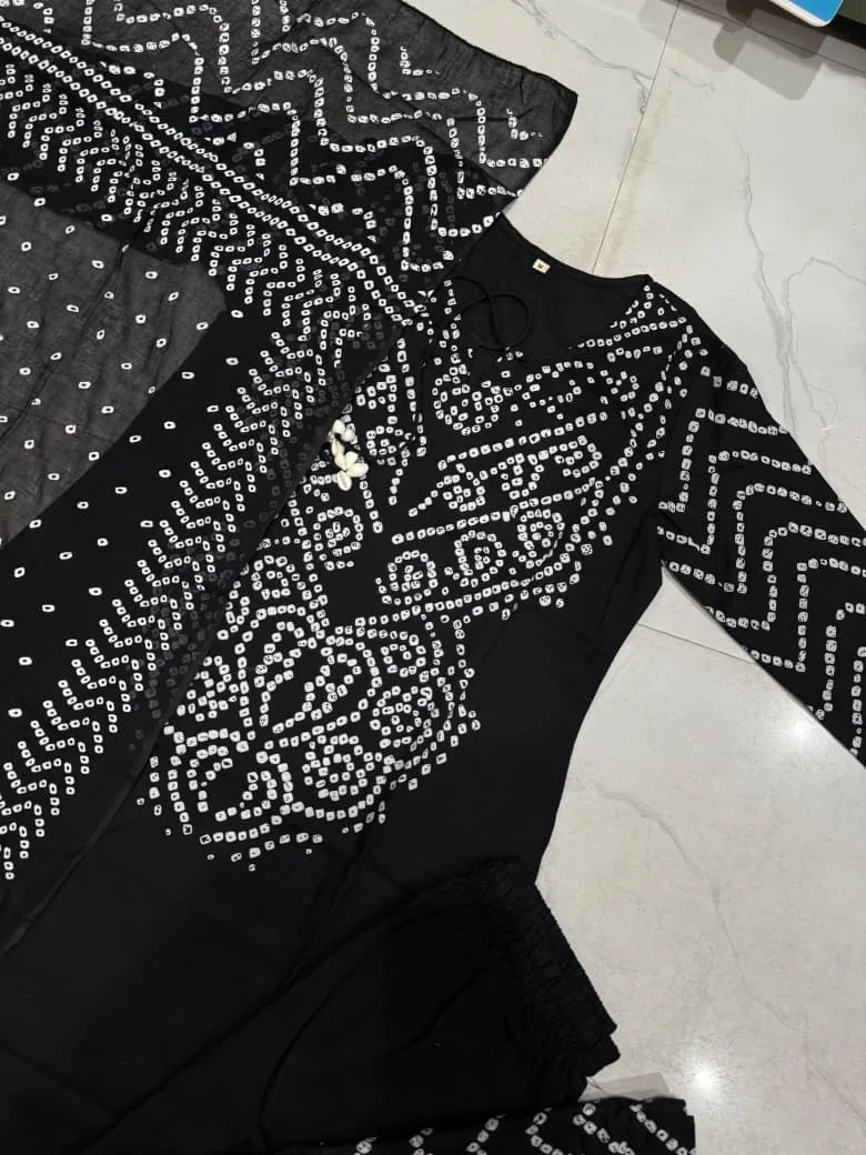 Pure Fine Cotton Bhandej Print 3-Piece Set - Black
