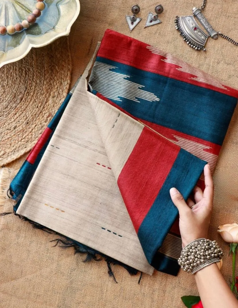 Soft Tussar Silk Saree with Beautiful Print, Contrast Blouse & Tassels - Design1