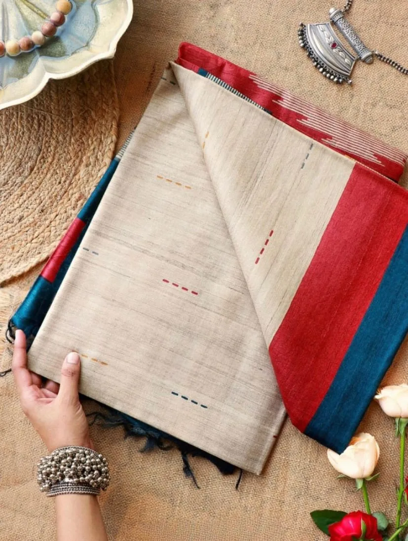 Soft Tussar Silk Saree with Beautiful Print, Contrast Blouse & Tassels - Design1