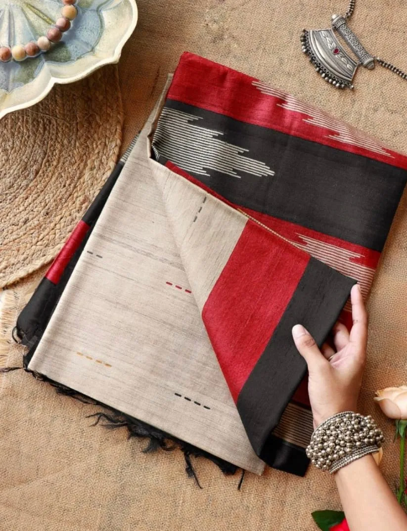 Soft Tussar Silk Saree with Beautiful Print, Contrast Blouse & Tassels - Design2