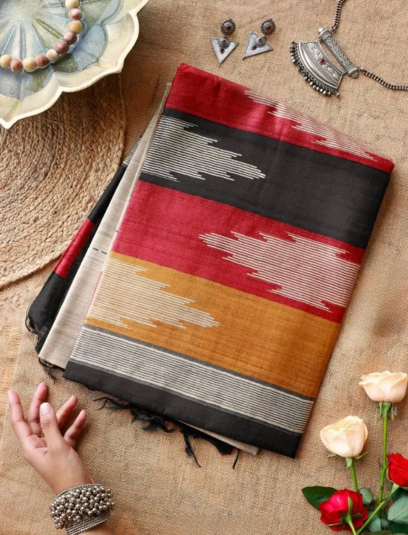 Soft Tussar Silk Saree with Beautiful Print, Contrast Blouse & Tassels - Design2