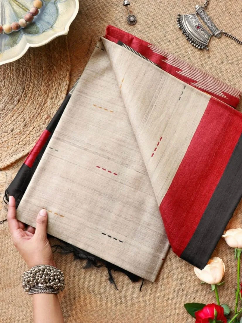 Soft Tussar Silk Saree with Beautiful Print, Contrast Blouse & Tassels - Design2