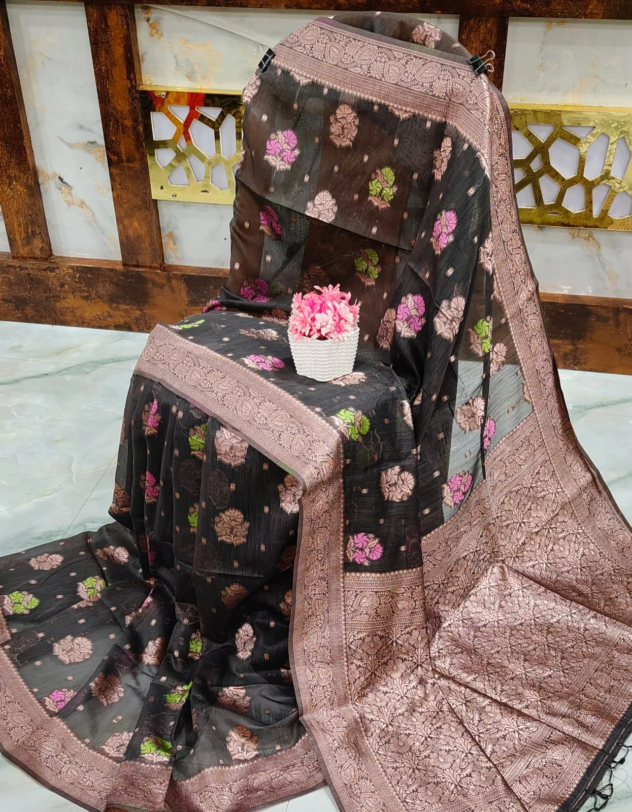 Jute Mina Kota Saree - Black