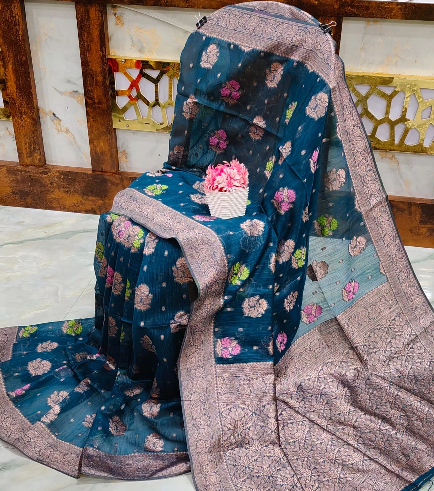 Jute Mina Kota Saree - Blue