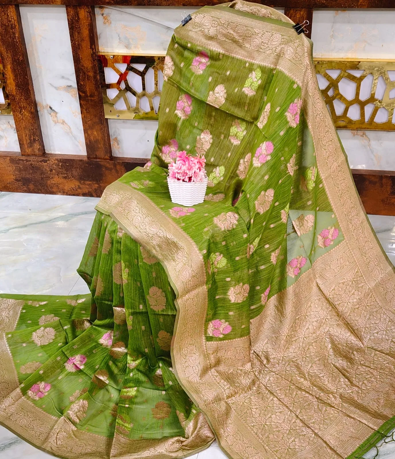 Jute Mina Kota Saree - Green