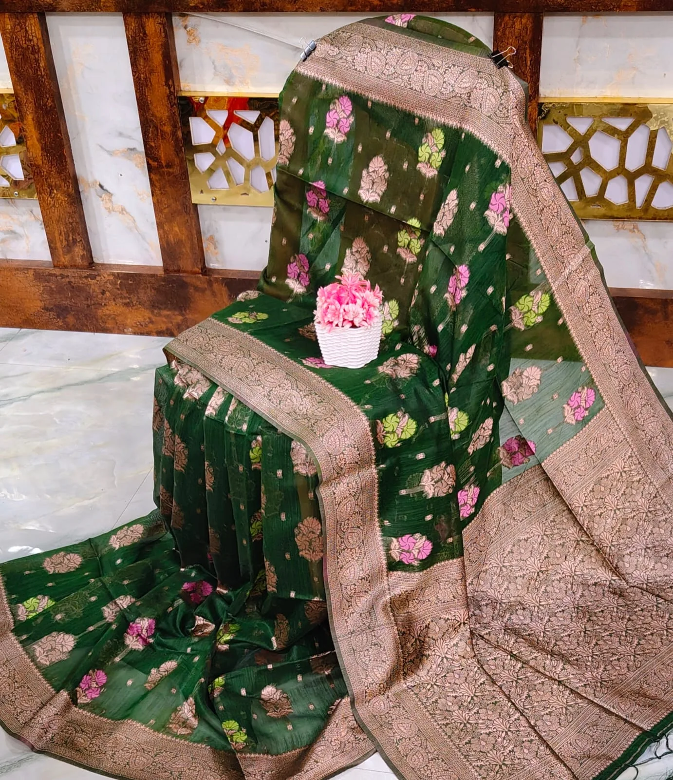Jute Mina Kota Saree - Dark Green