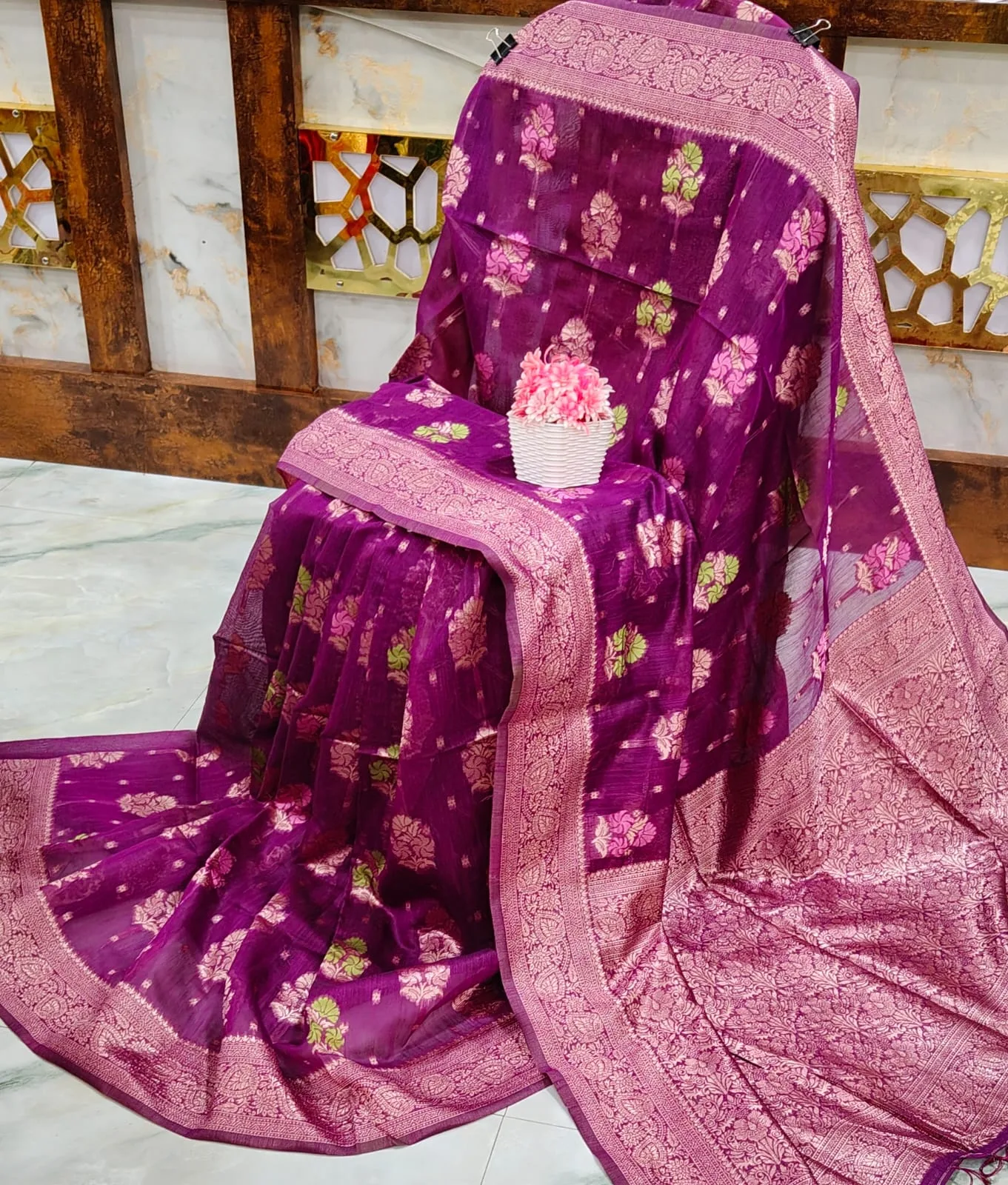 Jute Mina Kota Saree - Magenda