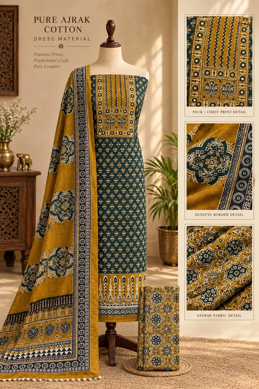 PURE COTTON AJRAKH 3-PIECE DRESS MATERIAL