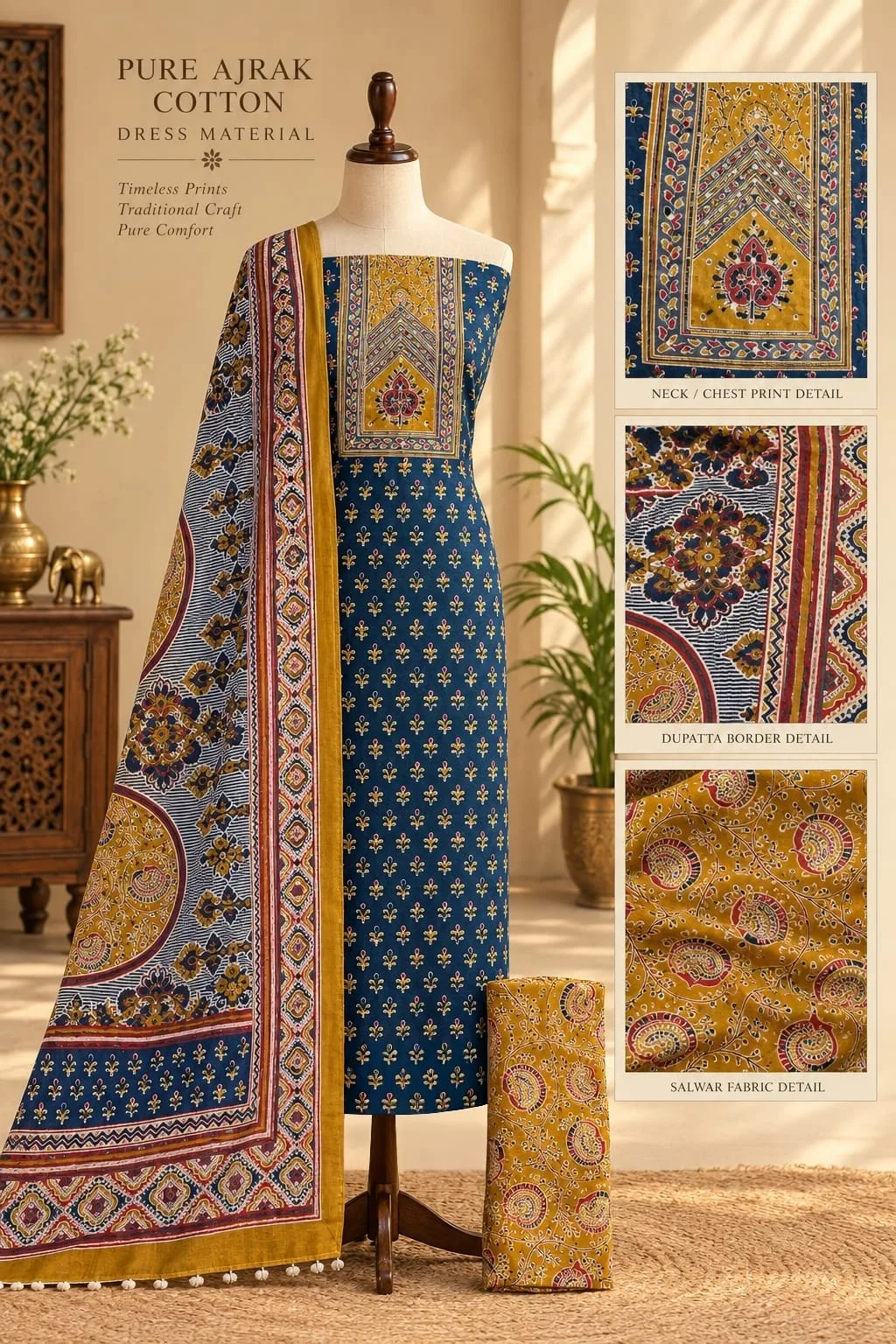PURE COTTON AJRAKH 3-PIECE DRESS MATERIAL - Design2