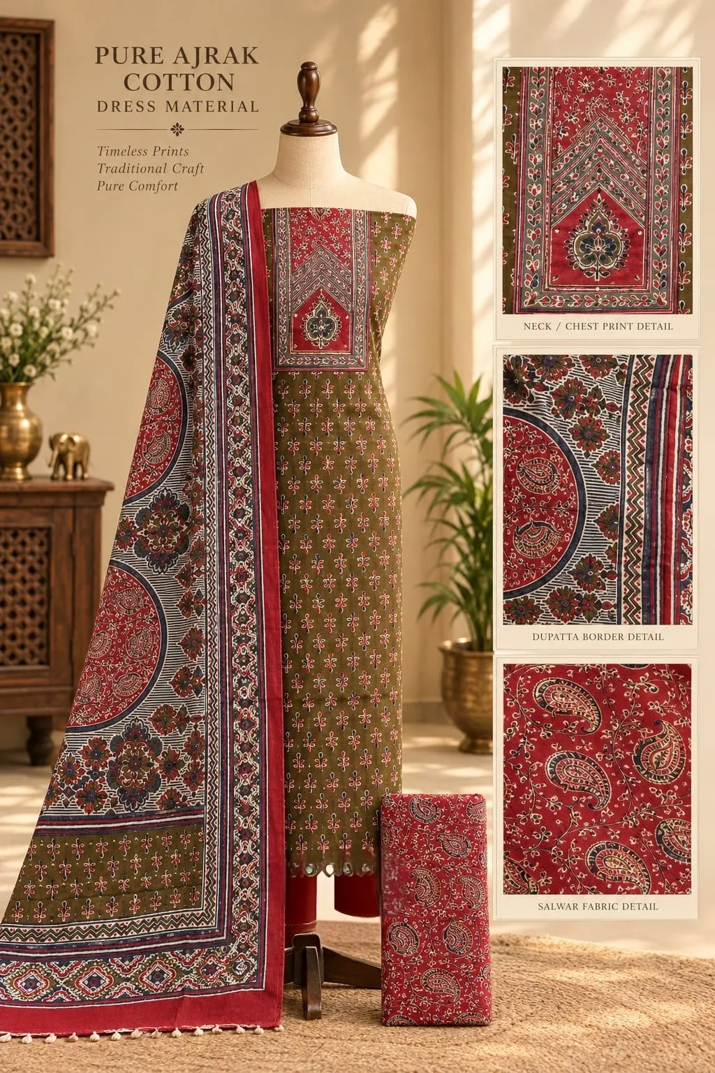 PURE COTTON AJRAKH 3-PIECE DRESS MATERIAL - Design3
