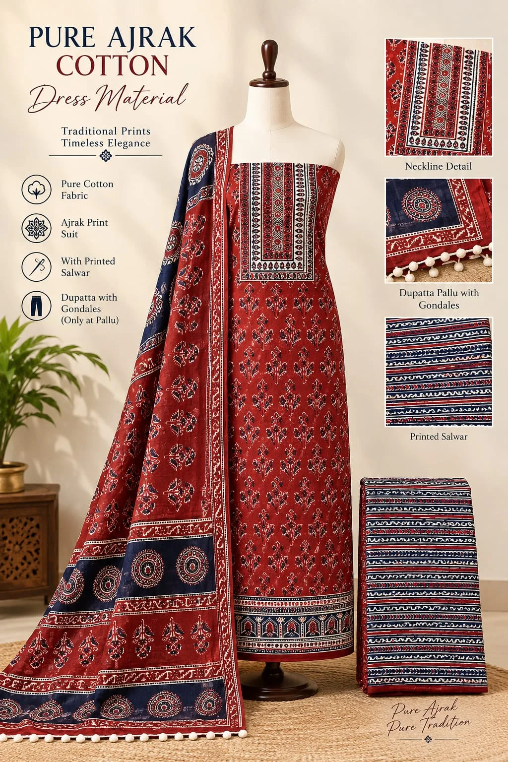 PURE COTTON AJRAKH 3-PIECE DRESS MATERIAL - Design5
