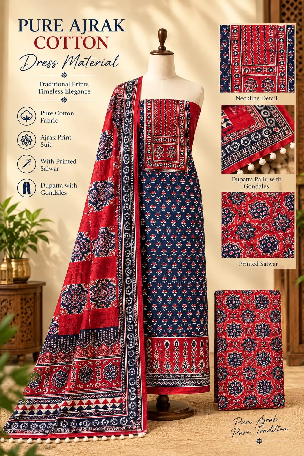 PURE COTTON AJRAKH 3-PIECE DRESS MATERIAL - Design7