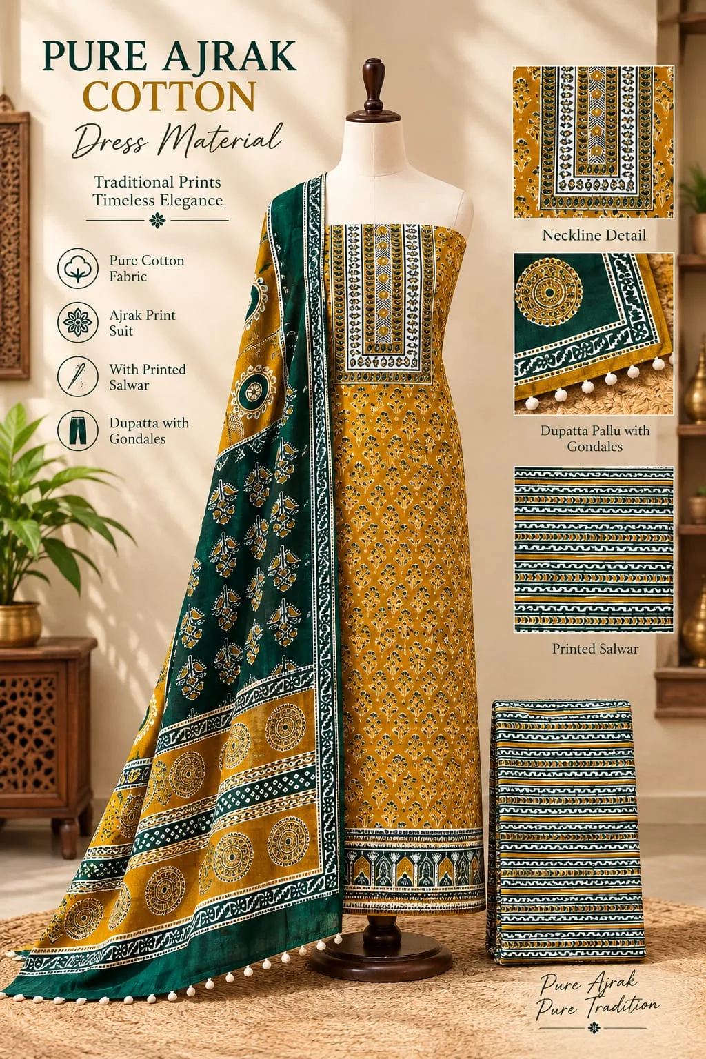 PURE COTTON AJRAKH 3-PIECE DRESS MATERIAL - Design8