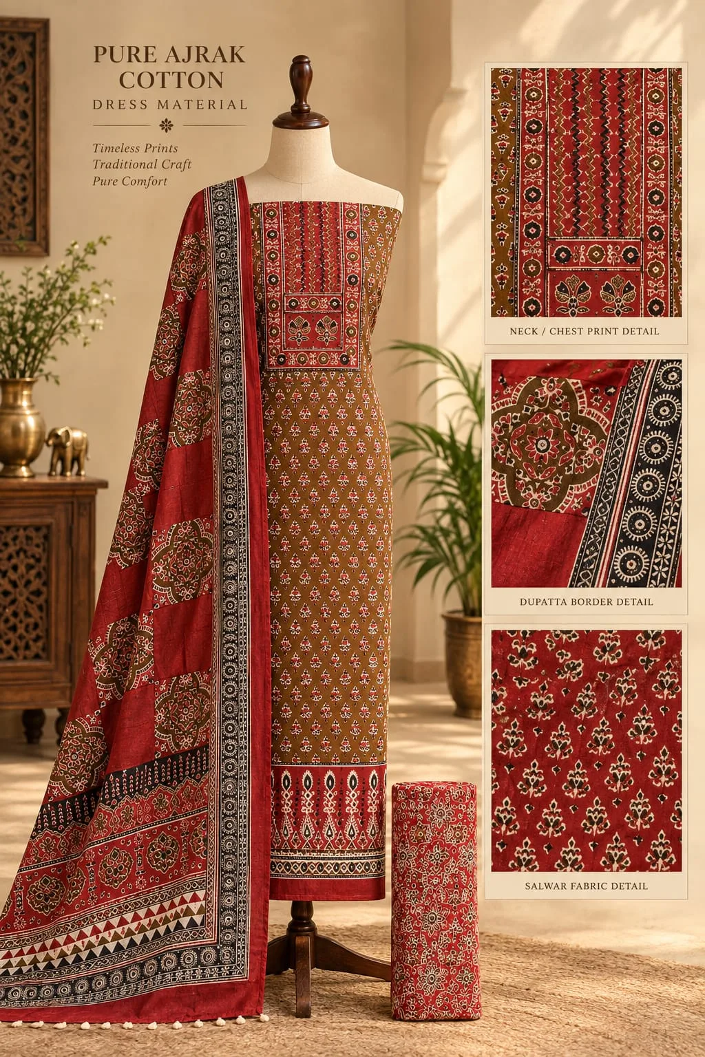 PURE COTTON AJRAKH 3-PIECE DRESS MATERIAL - Design9