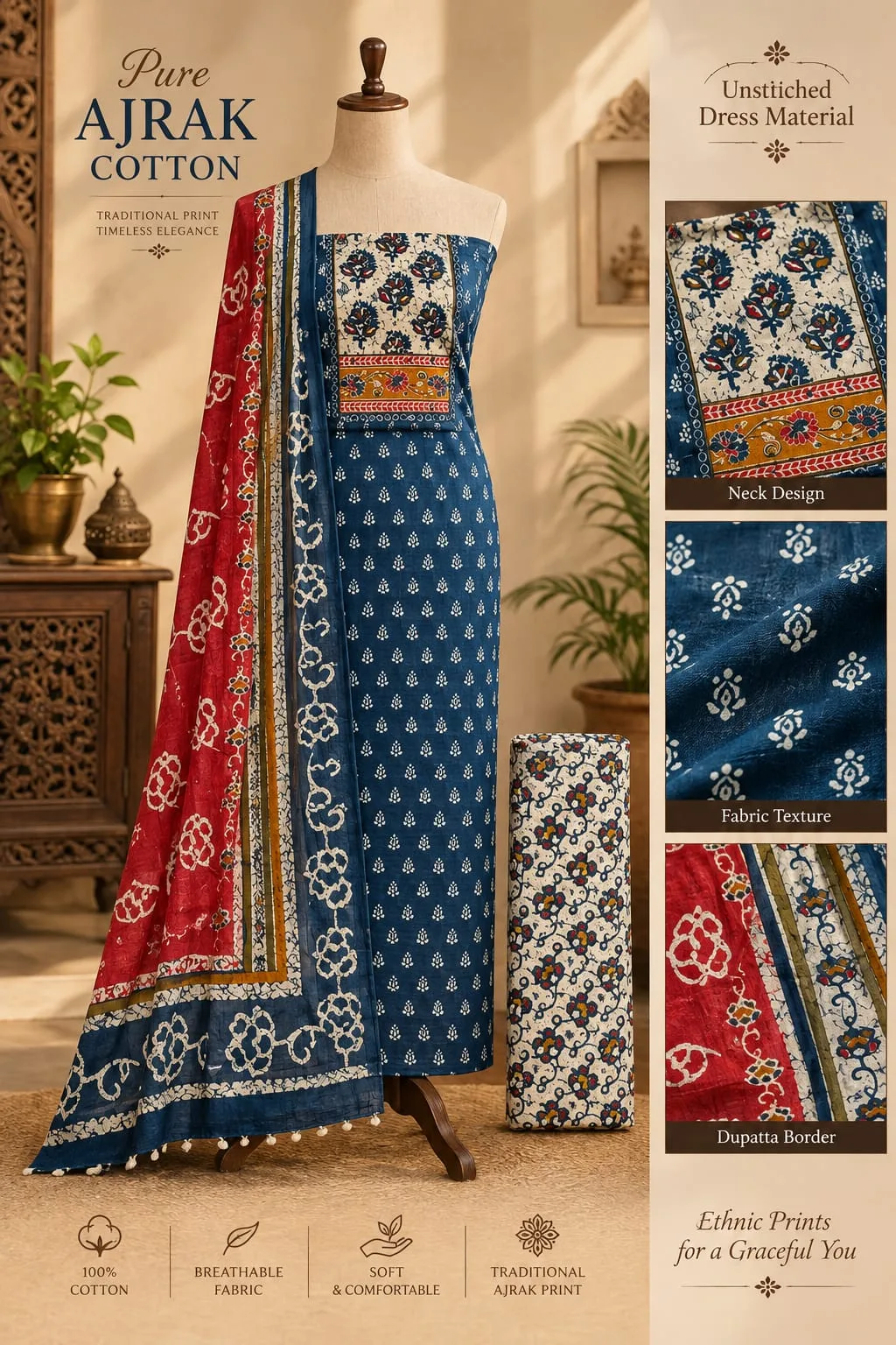 PURE COTTON AJRAKH 3-PIECE DRESS MATERIAL - Design10