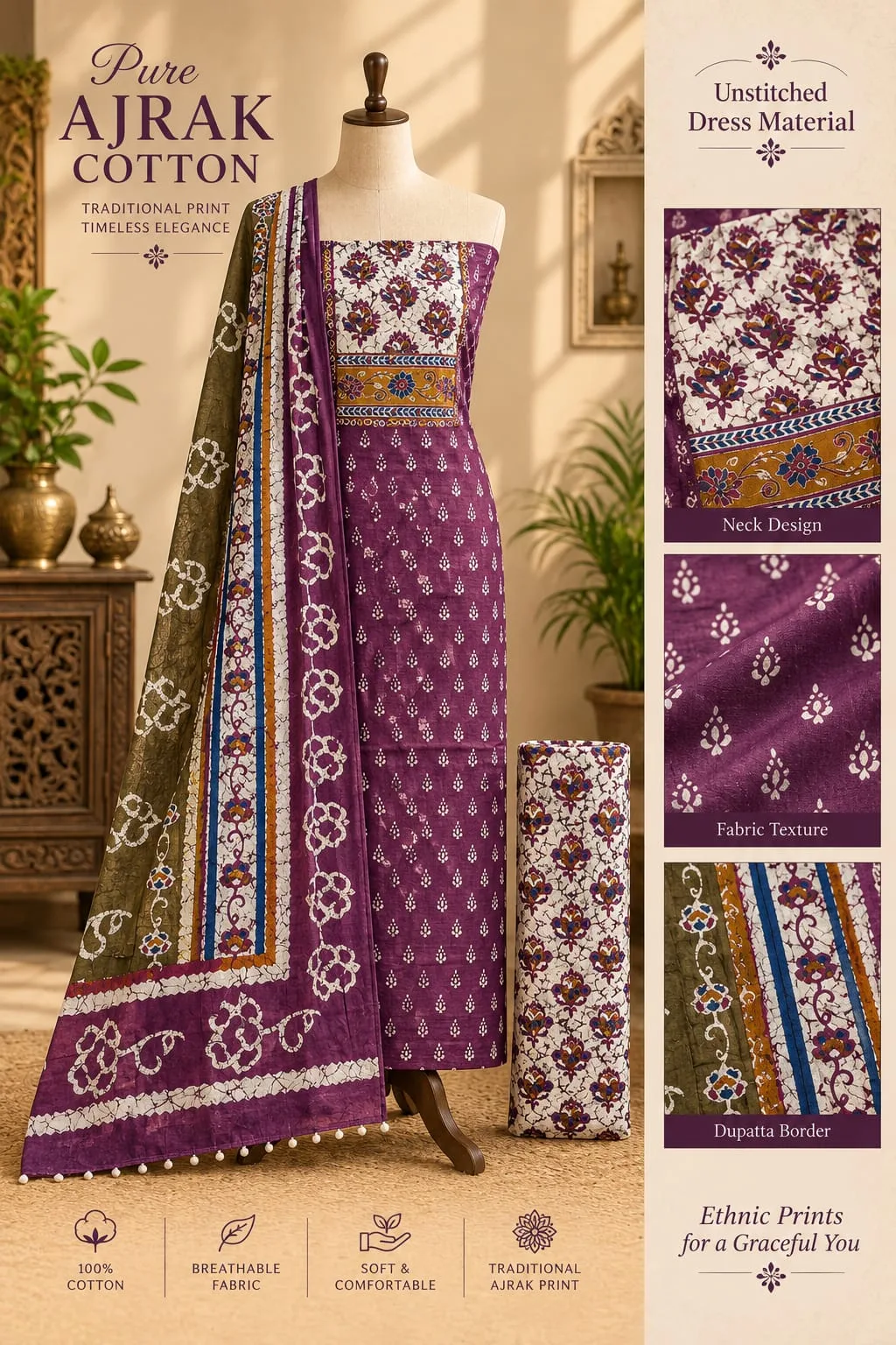 PURE COTTON AJRAKH 3-PIECE DRESS MATERIAL - Design11