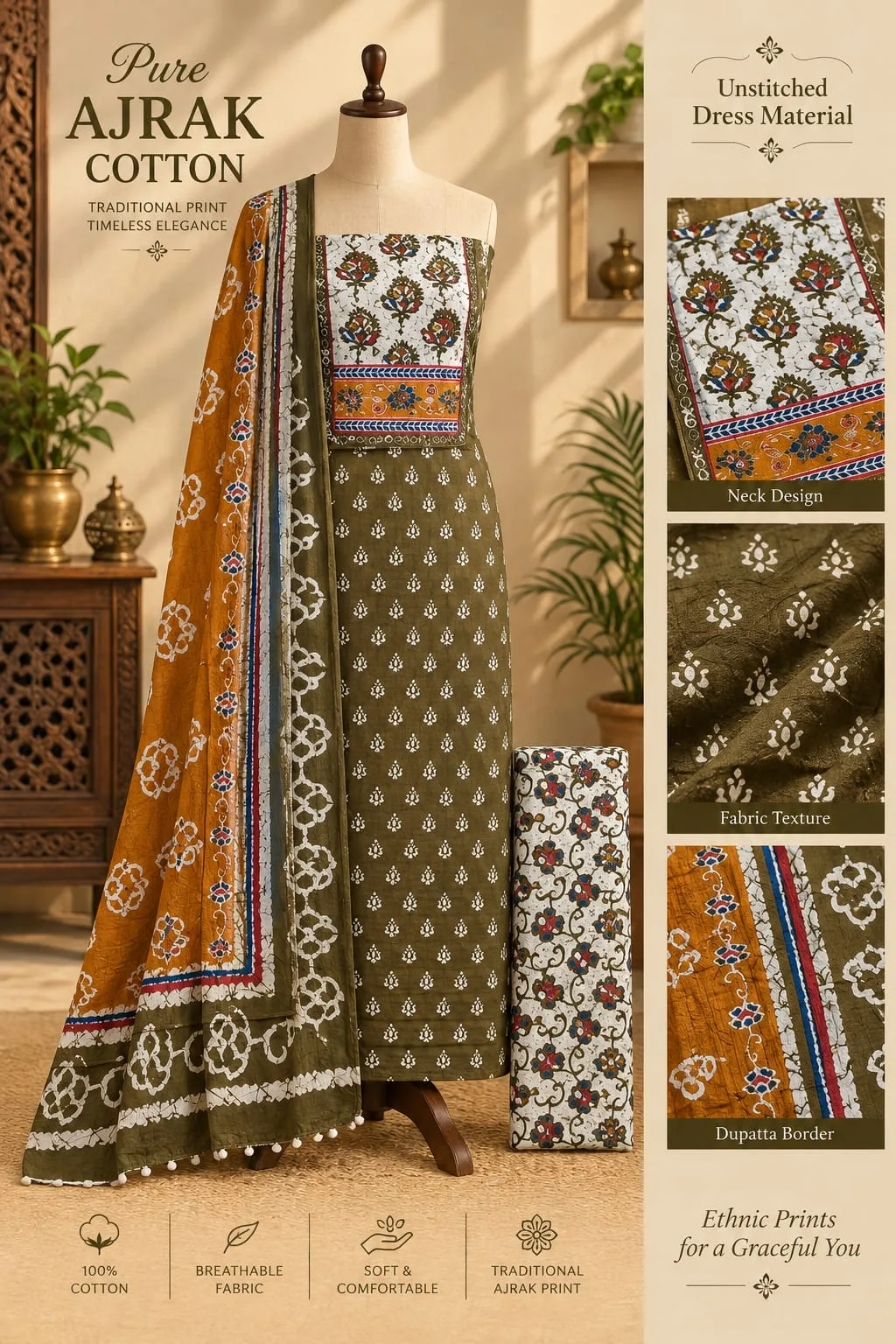 PURE COTTON AJRAKH 3-PIECE DRESS MATERIAL - Design12