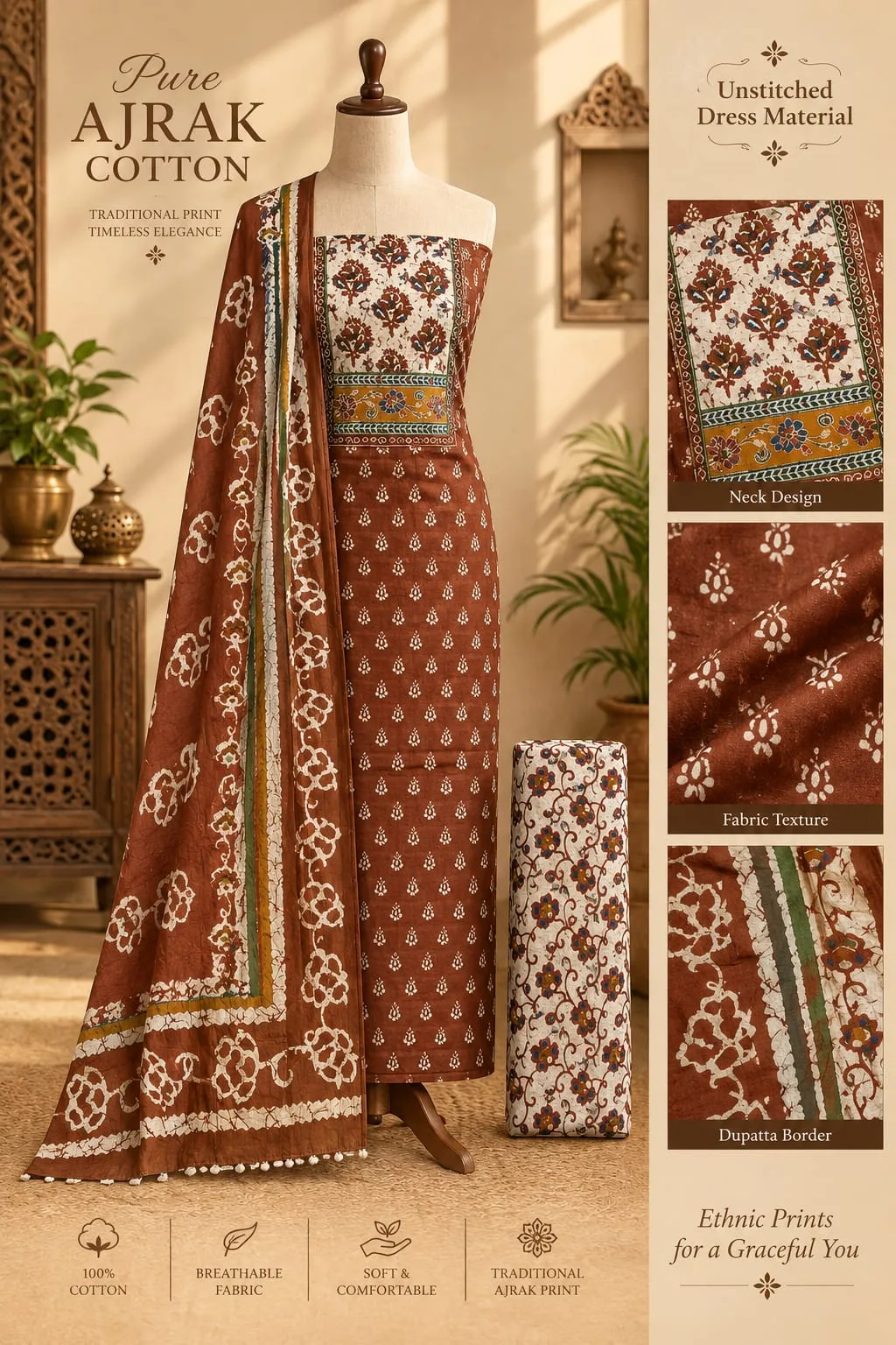 PURE COTTON AJRAKH 3-PIECE DRESS MATERIAL - Design13