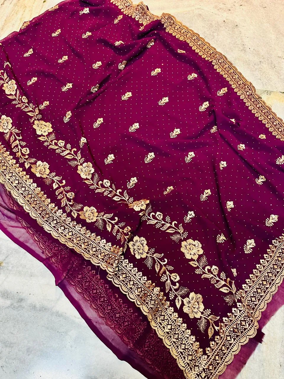 Designer Georgette Saree with Zari Embroidery - Wine