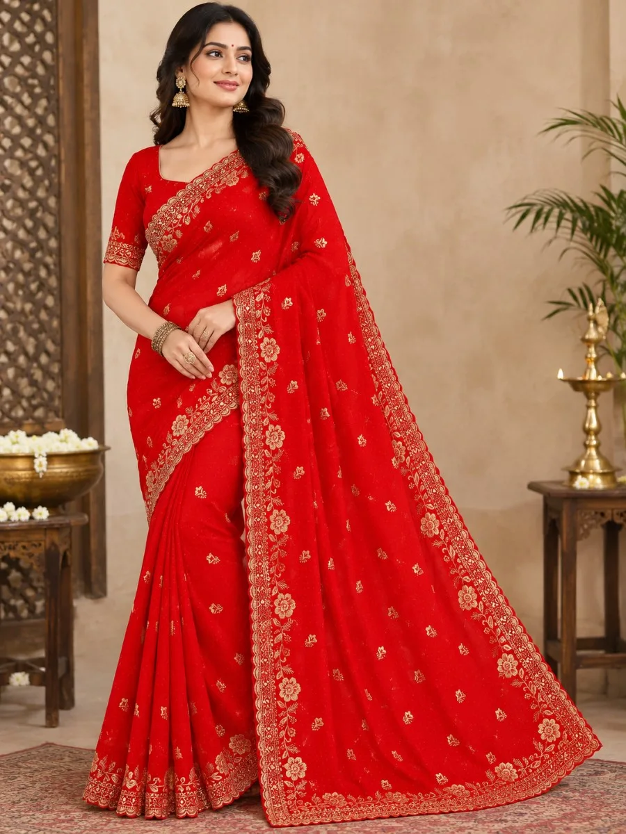 Designer Georgette Saree with Zari Embroidery - Red