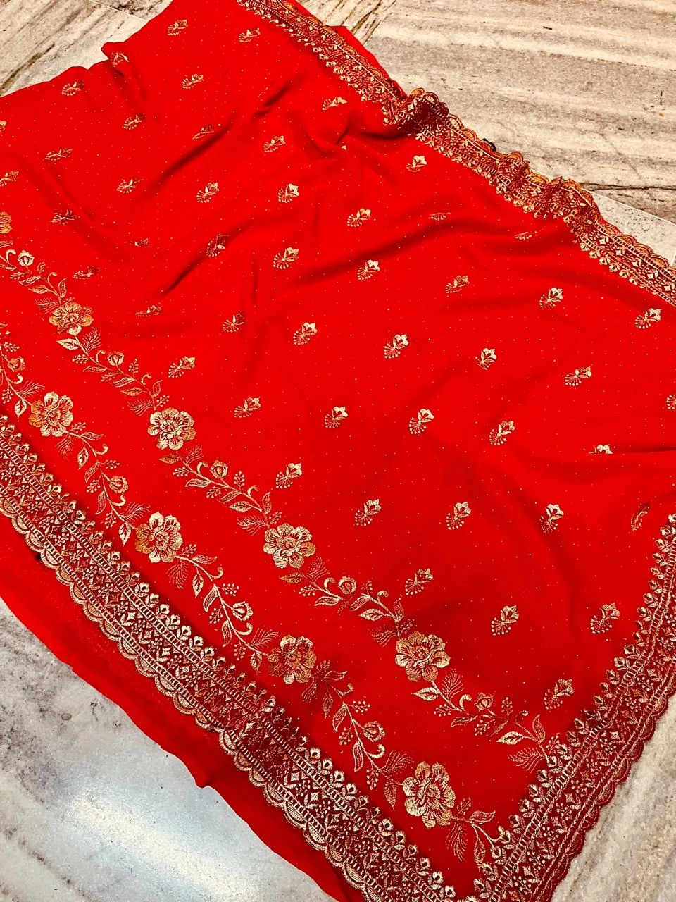 Designer Georgette Saree with Zari Embroidery - Red